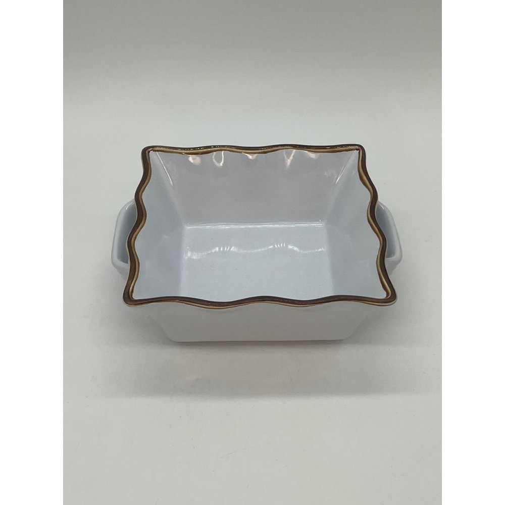 Kitchen Stuff Plus Square White Caserole s/Gold Trim Oven to Table Ware